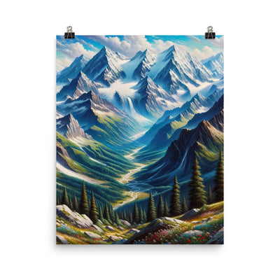 Panorama-Ölgemälde der Alpen mit schneebedeckten Gipfeln und schlängelnden Flusstälern - Premium Poster (glänzend) berge xxx yyy zzz 40.6 x 50.8 cm