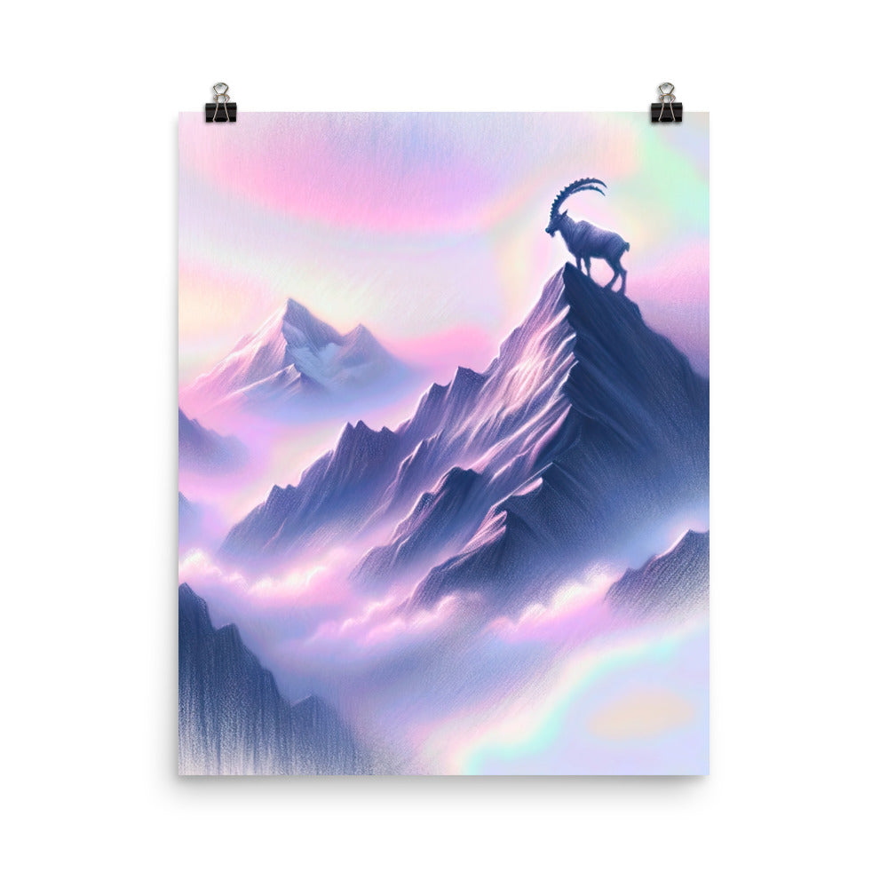 Pastellzeichnung der Alpen im Morgengrauen mit Steinbock in Rosa- und Lavendeltönen - Premium Poster (glänzend) berge xxx yyy zzz 40.6 x 50.8 cm