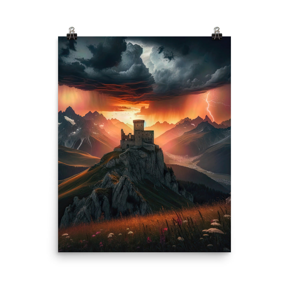 Foto einer Alpenburg bei stürmischem Sonnenuntergang, dramatische Wolken und Sonnenstrahlen - Premium Poster (glänzend) berge xxx yyy zzz 40.6 x 50.8 cm