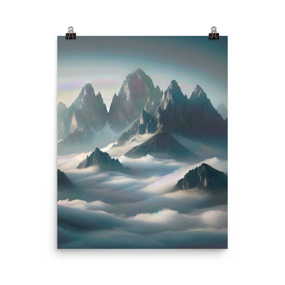 Foto eines nebligen Alpenmorgens, scharfe Gipfel ragen aus dem Nebel - Premium Poster (glänzend) berge xxx yyy zzz 40.6 x 50.8 cm