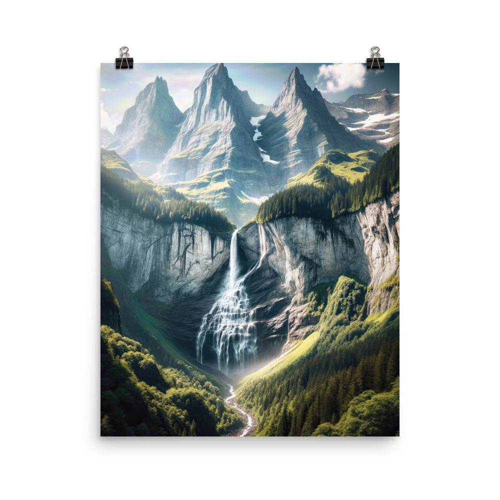 Foto der sommerlichen Alpen mit üppigen Gipfeln und Wasserfall - Premium Poster (glänzend) berge xxx yyy zzz 40.6 x 50.8 cm