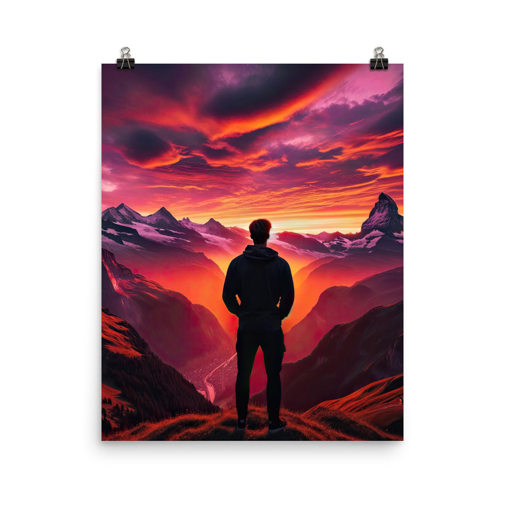 Foto der Schweizer Alpen im Sonnenuntergang, Himmel in surreal glänzenden Farbtönen - Premium Poster (glänzend) wandern xxx yyy zzz 40.6 x 50.8 cm