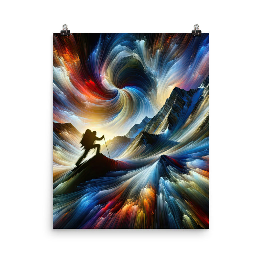 Foto der Alpen in abstrakten Farben mit Bergsteigersilhouette - Premium Poster (glänzend) wandern xxx yyy zzz 40.6 x 50.8 cm