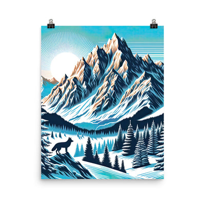 Vektorgrafik eines Wolfes im winterlichen Alpenmorgen, Berge mit Schnee- und Felsmustern - Premium Poster (glänzend) berge xxx yyy zzz 40.6 x 50.8 cm