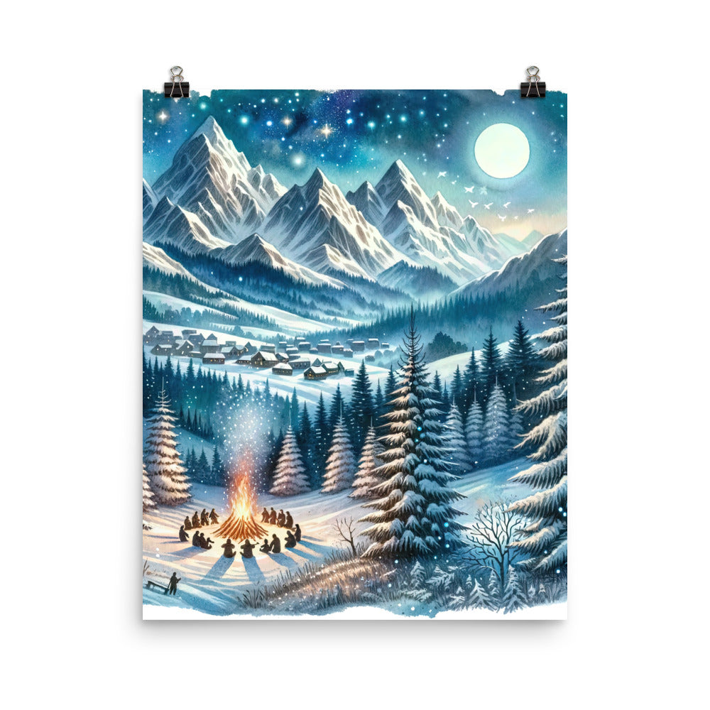 Aquarell eines Winterabends in den Alpen mit Lagerfeuer und Wanderern, glitzernder Neuschnee - Premium Poster (glänzend) camping xxx yyy zzz 40.6 x 50.8 cm