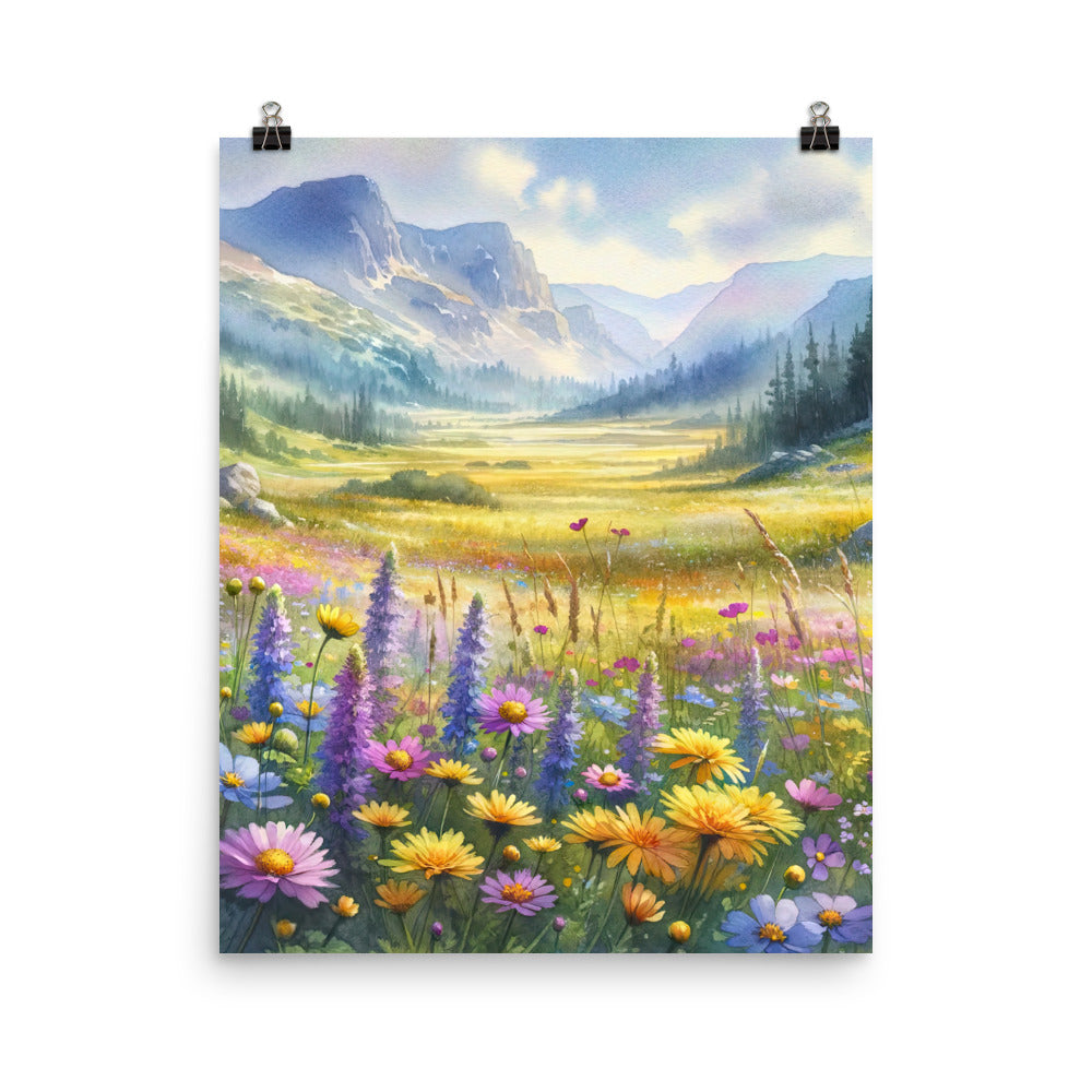Aquarell einer Almwiese in Ruhe, Wildblumenteppich in Gelb, Lila, Rosa - Premium Poster (glänzend) berge xxx yyy zzz 40.6 x 50.8 cm