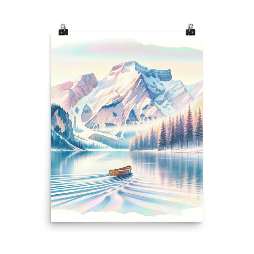 Aquarell eines klaren Alpenmorgens, Boot auf Bergsee in Pastelltönen - Premium Poster (glänzend) berge xxx yyy zzz 40.6 x 50.8 cm