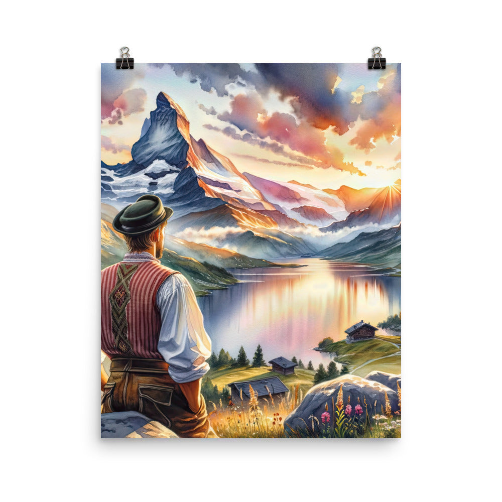 Aquarell einer Berglandschaft in der goldenen Stunde mit österreichischem Wanderer - Premium Poster (glänzend) wandern xxx yyy zzz 40.6 x 50.8 cm