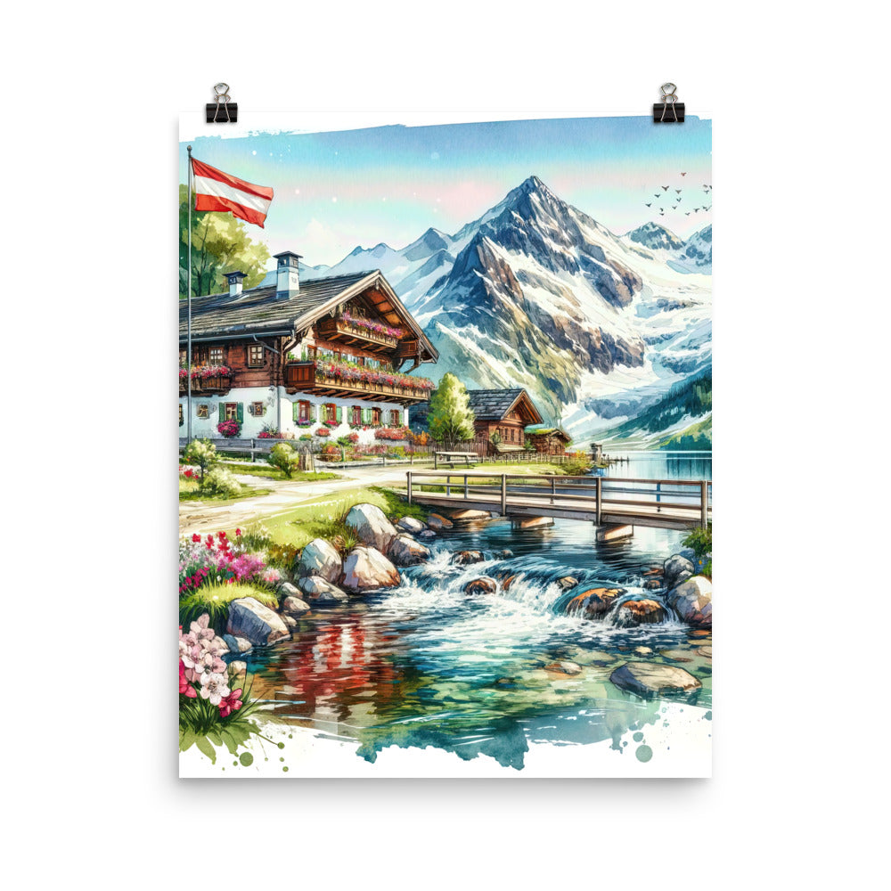 Aquarell der frühlingshaften Alpenkette mit österreichischer Flagge und schmelzendem Schnee - Premium Poster (glänzend) berge xxx yyy zzz 40.6 x 50.8 cm