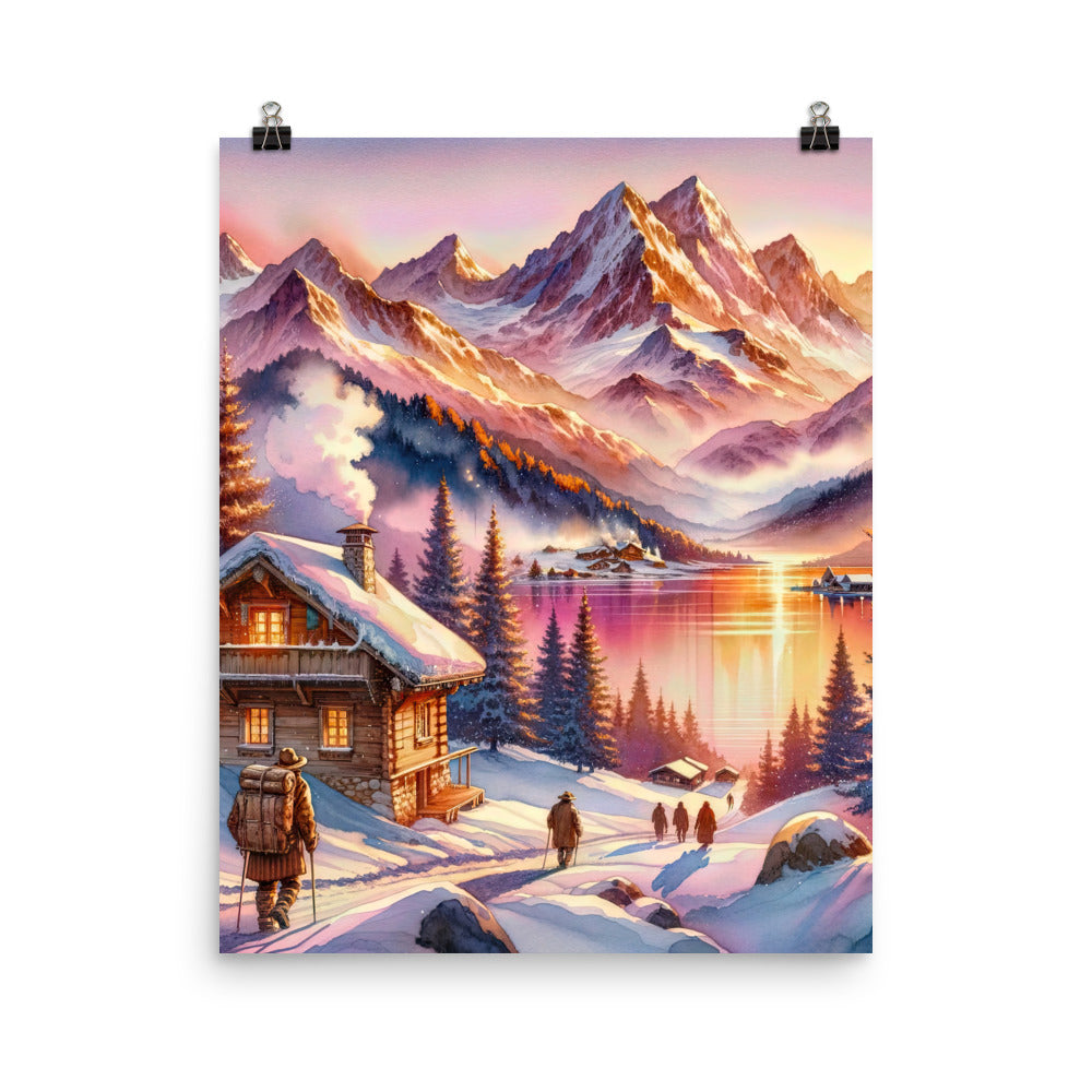 Aquarell eines Alpenpanoramas mit Wanderern bei Sonnenuntergang in Rosa und Gold - Premium Poster (glänzend) wandern xxx yyy zzz 40.6 x 50.8 cm