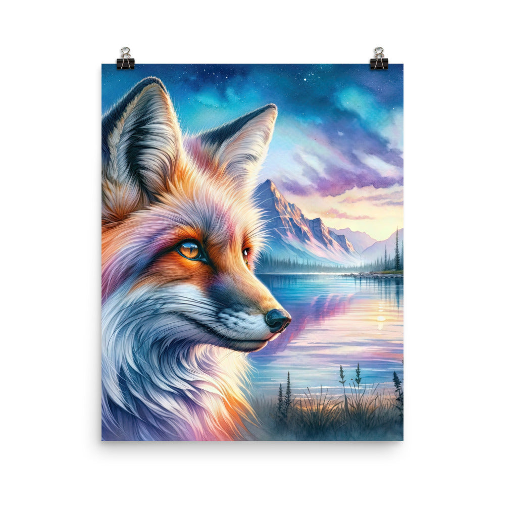 Aquarellporträt eines Fuchses im Dämmerlicht am Bergsee - Premium Poster (glänzend) camping xxx yyy zzz 40.6 x 50.8 cm