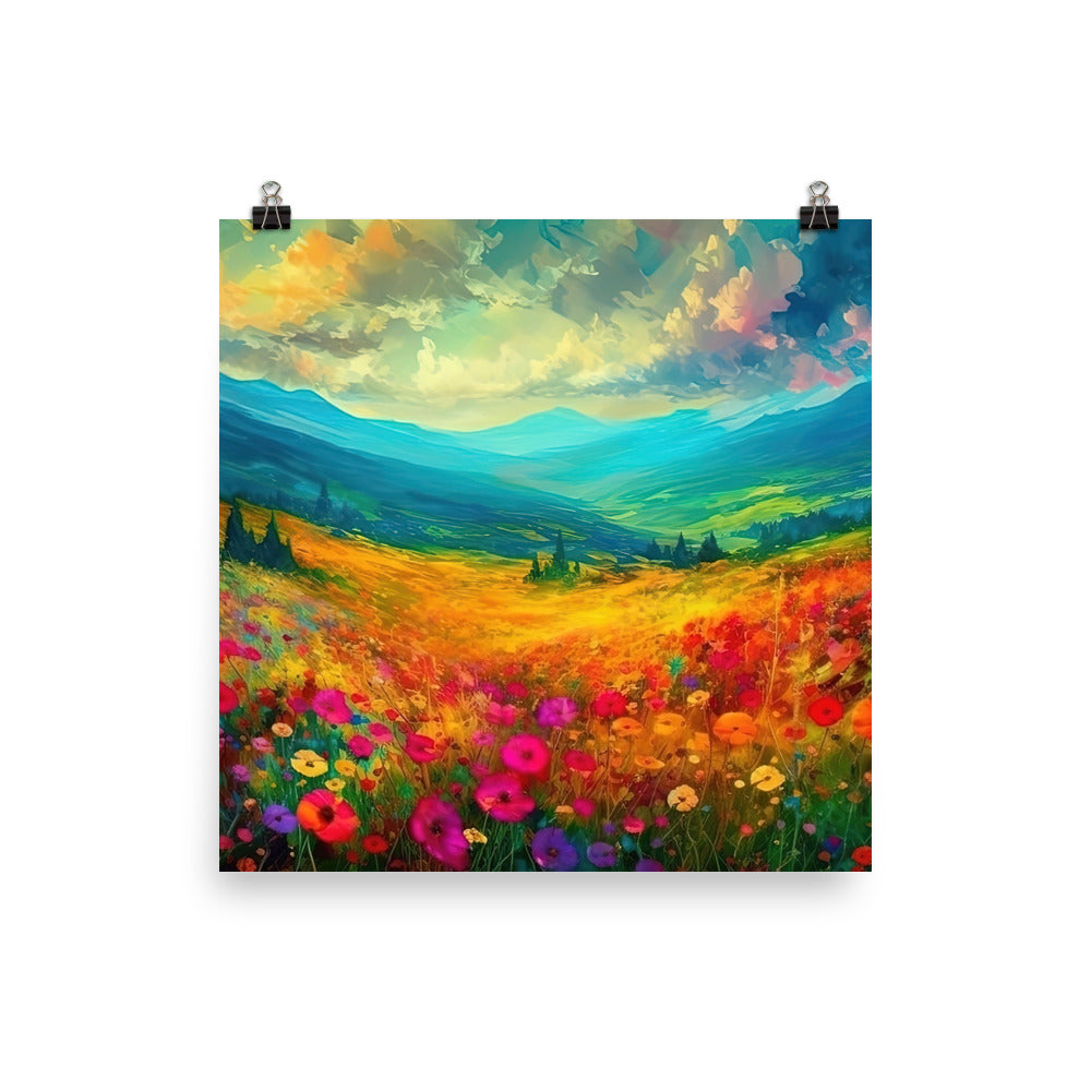 Berglandschaft und schöne farbige Blumen - Malerei - Premium Poster (glänzend) berge xxx 45.7 x 45.7 cm