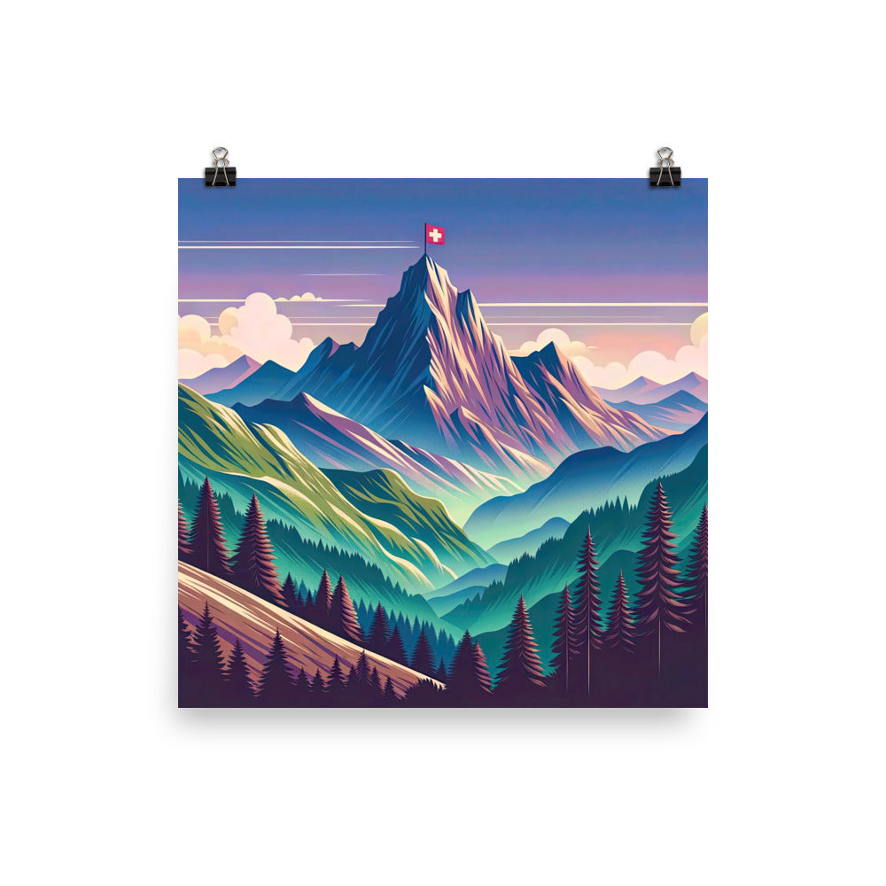 Harmonische Berglandschaft mit Schweizer Flagge auf Gipfel - Premium Poster (glänzend) berge xxx yyy zzz 45.7 x 45.7 cm