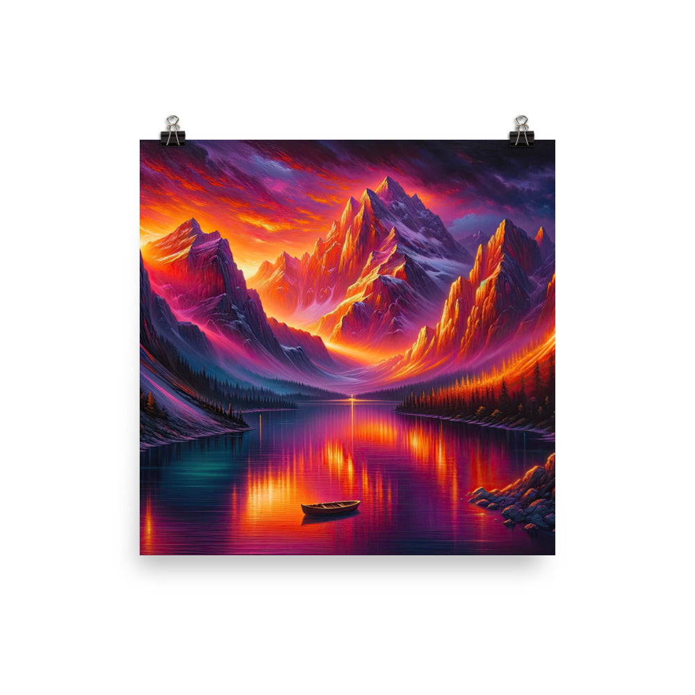Ölgemälde eines Bootes auf einem Bergsee bei Sonnenuntergang, lebendige Orange-Lila Töne - Premium Poster (glänzend) berge xxx yyy zzz 45.7 x 45.7 cm