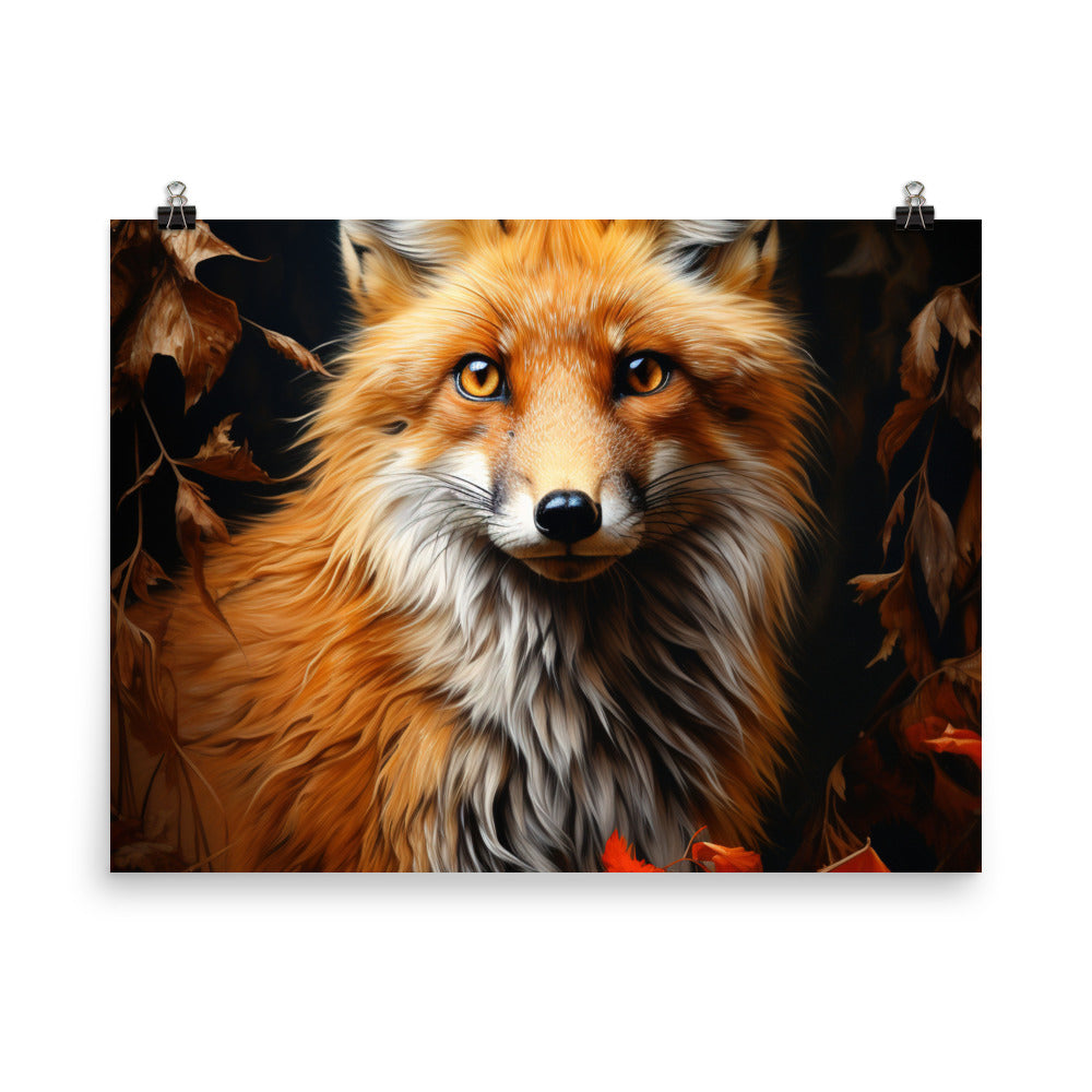 Fuchs Porträt und Herbstblätter - Malerei - Premium Poster (glänzend) camping xxx 45.7 x 61 cm