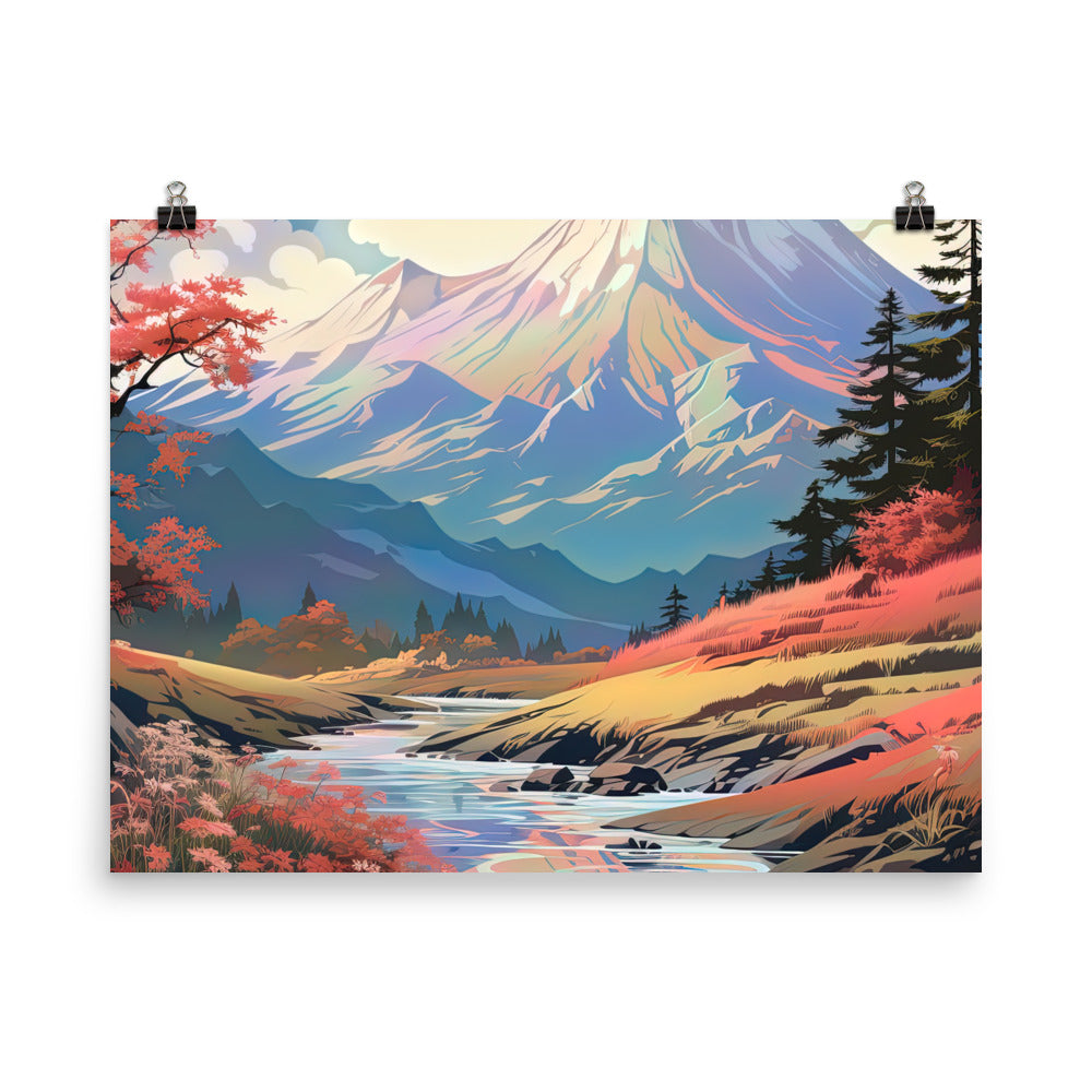 Berge. Fluss und Blumen - Malerei - Premium Poster (glänzend) berge xxx 45.7 x 61 cm