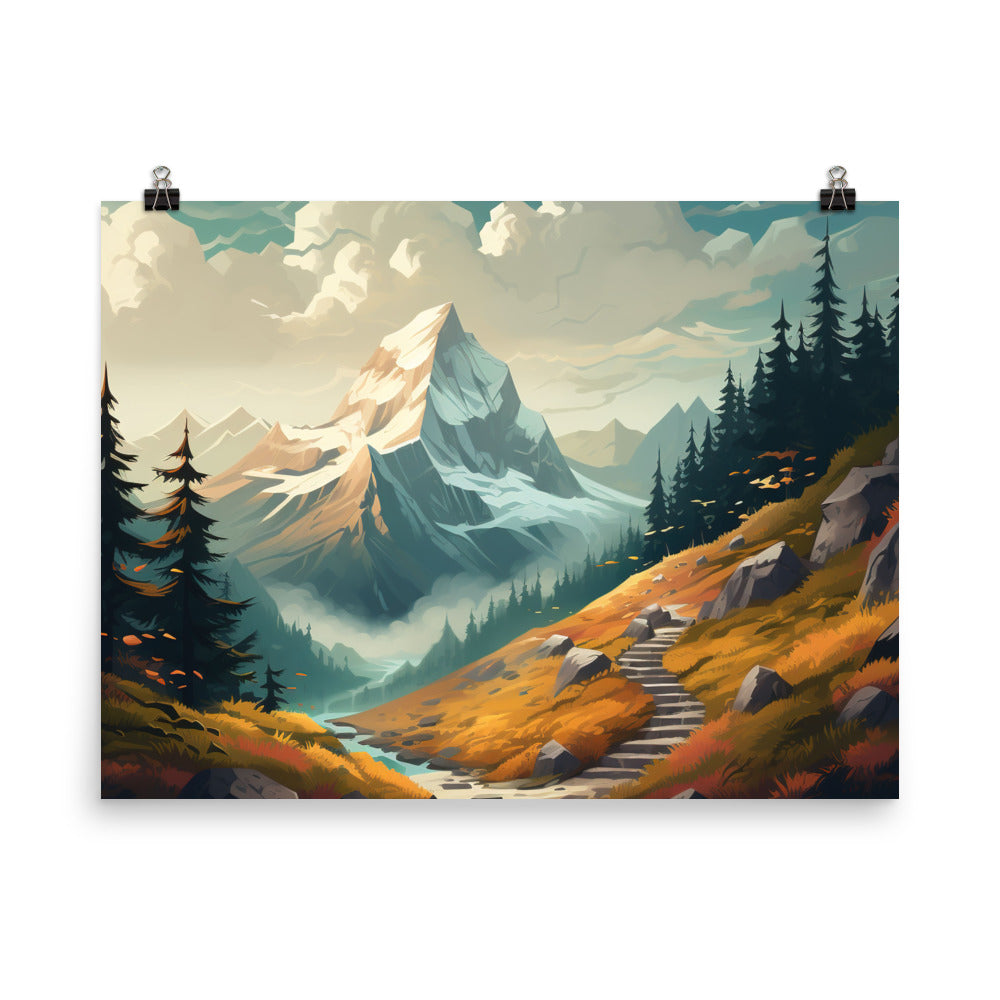 Berge, Wald und Wanderweg - Malerei - Premium Poster (glänzend) berge xxx 45.7 x 61 cm