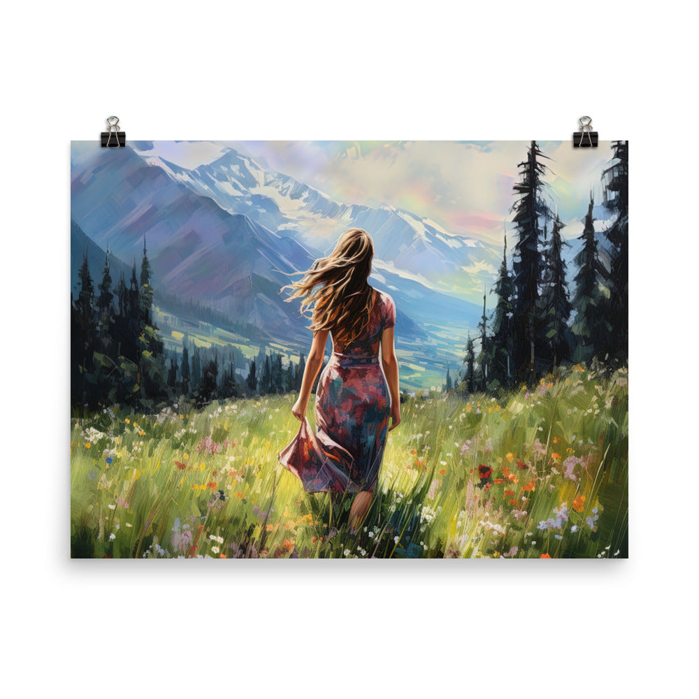 Frau mit langen Kleid im Feld mit Blumen - Berge im Hintergrund - Malerei - Premium Poster (glänzend) berge xxx 45.7 x 61 cm