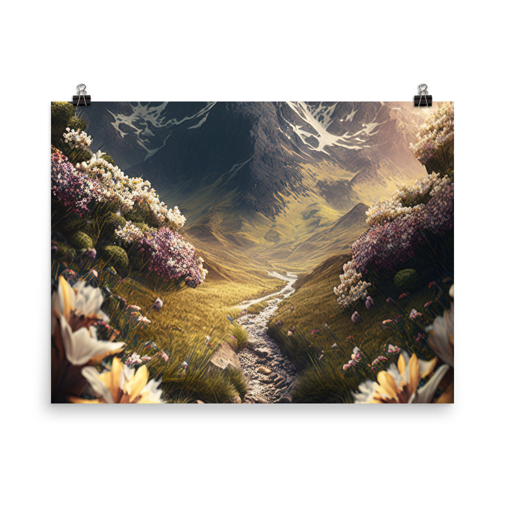 Epischer Berg, steiniger Weg und Blumen - Realistische Malerei - Premium Poster (glänzend) berge xxx 45.7 x 61 cm