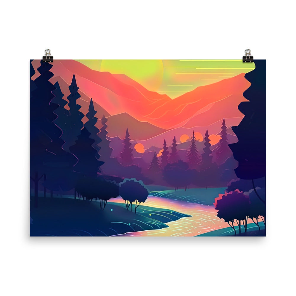 Berge, Fluss, Sonnenuntergang - Malerei - Premium Poster (glänzend) berge xxx 45.7 x 61 cm