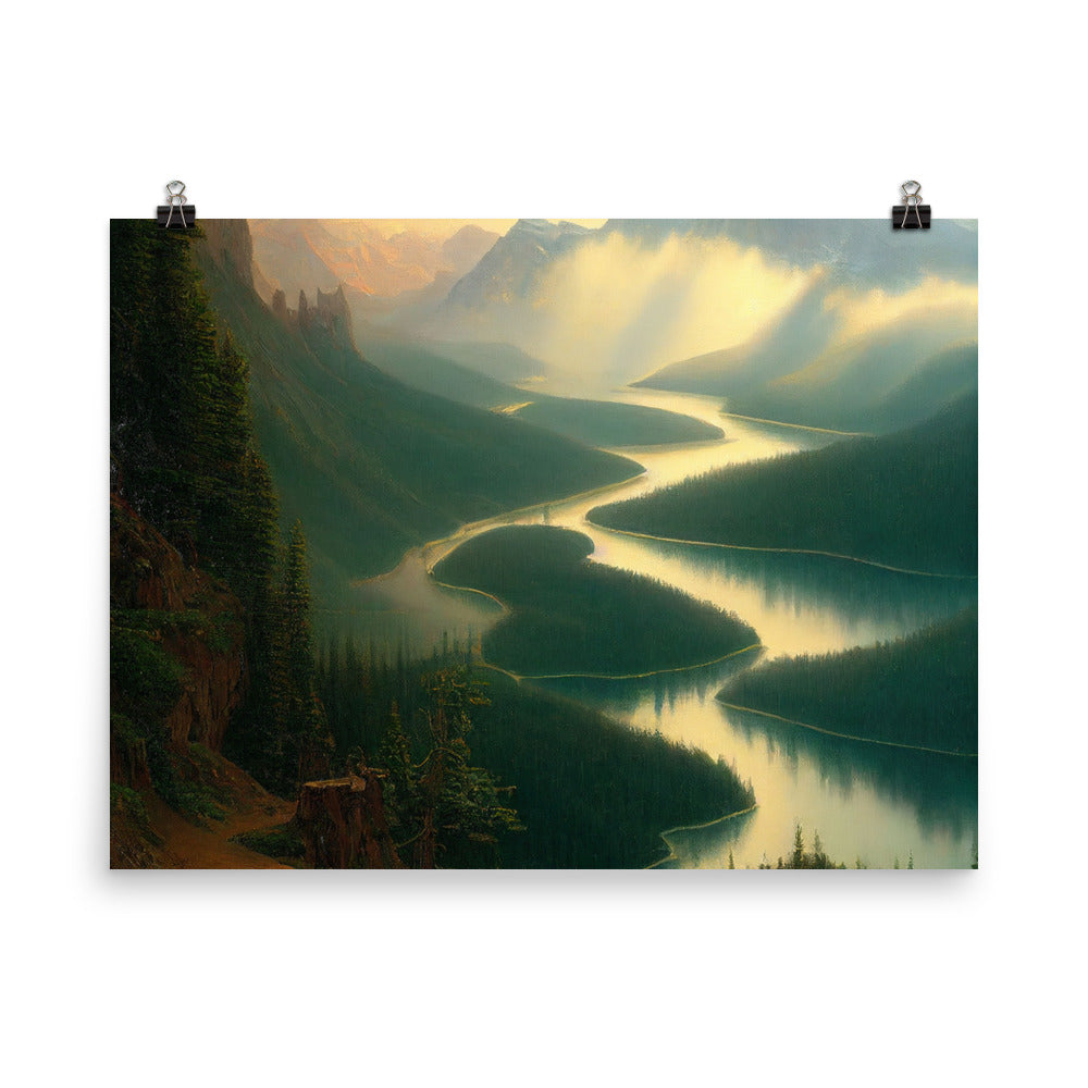 Landschaft mit Bergen, See und viel grüne Natur - Malerei - Premium Poster (glänzend) berge xxx 45.7 x 61 cm