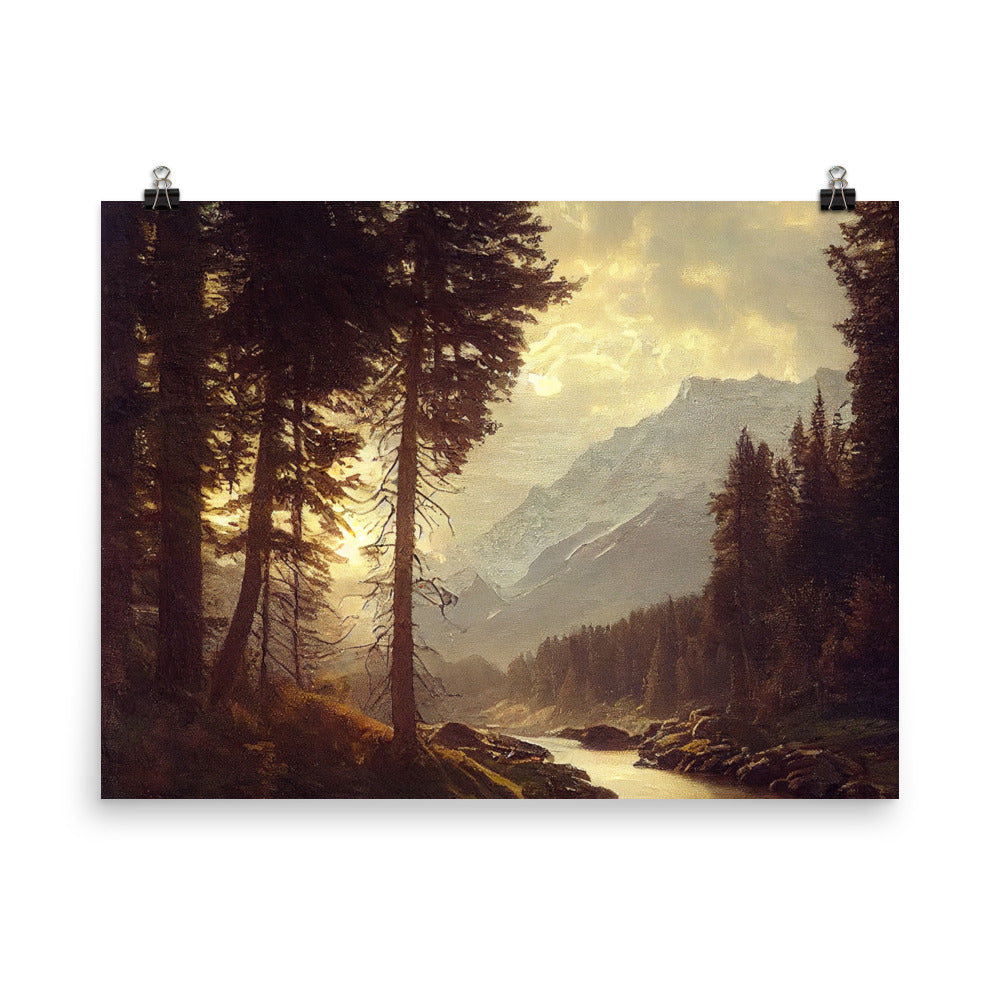 Landschaft mit Bergen, Fluss und Bäumen - Malerei - Premium Poster (glänzend) berge xxx 45.7 x 61 cm