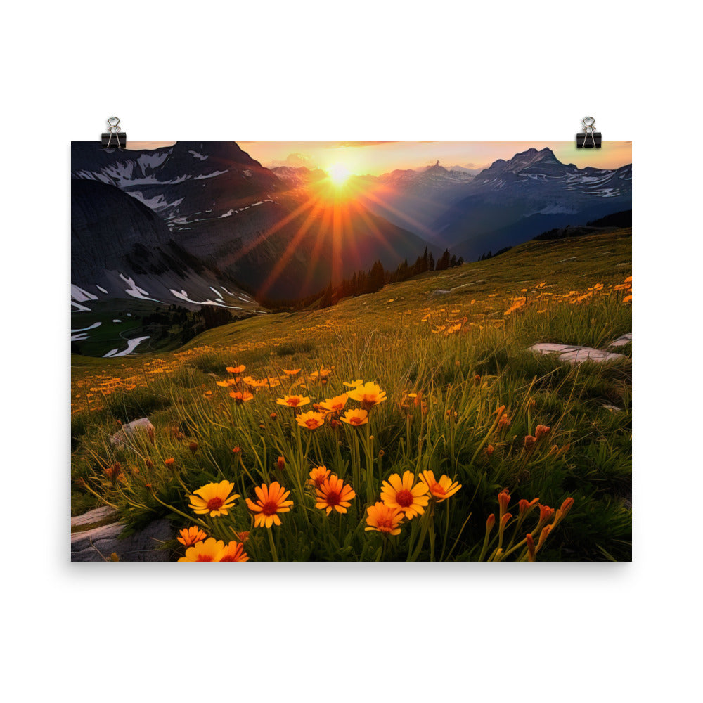 Gebirge, Sonnenblumen und Sonnenaufgang - Premium Poster (glänzend) berge xxx 45.7 x 61 cm