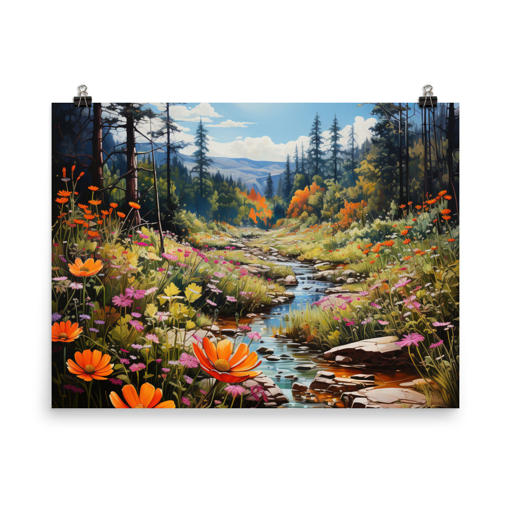 Berge, schöne Blumen und Bach im Wald - Premium Poster (glänzend) berge xxx 45.7 x 61 cm