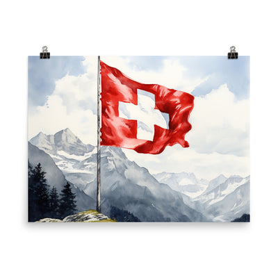 Schweizer Flagge und Berge im Hintergrund - Epische Stimmung - Malerei - Premium Poster (glänzend) berge xxx 45.7 x 61 cm