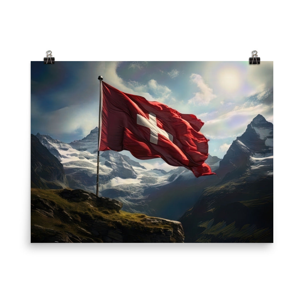 Schweizer Flagge und Berge im Hintergrund - Fotorealistische Malerei - Premium Poster (glänzend) berge xxx 45.7 x 61 cm