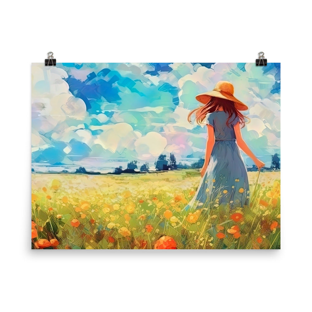Dame mit Hut im Feld mit Blumen - Landschaftsmalerei - Premium Poster (glänzend) camping xxx 45.7 x 61 cm