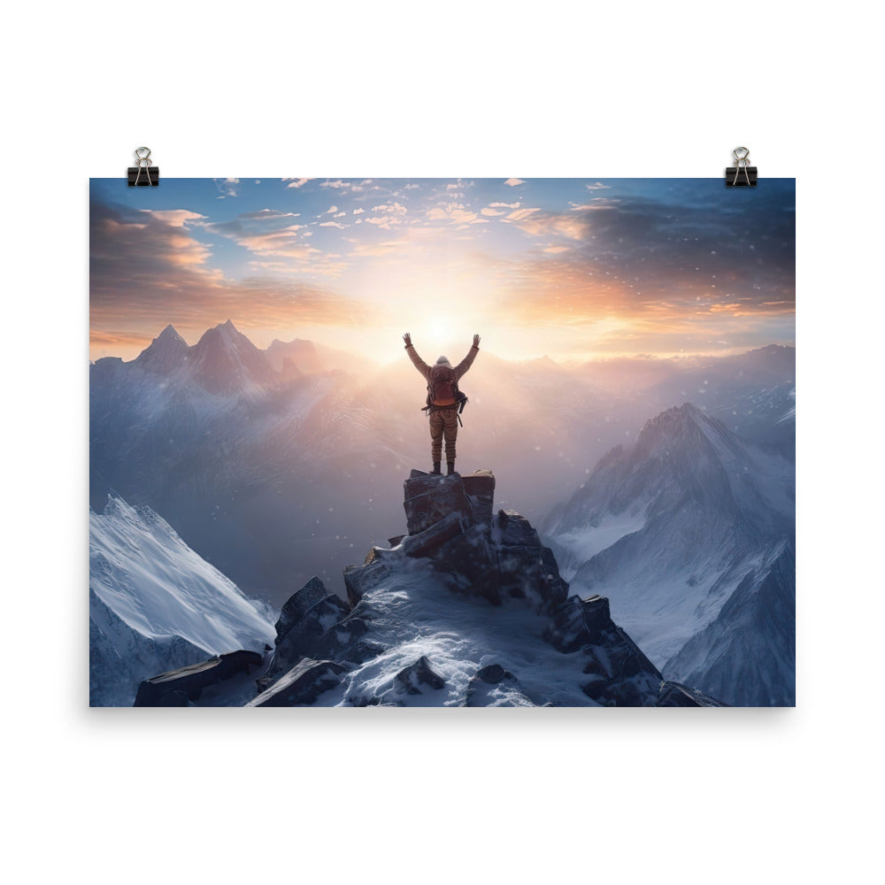 Mann auf der Spitze eines Berges - Landschaftsmalerei - Premium Poster (glänzend) berge xxx 45.7 x 61 cm