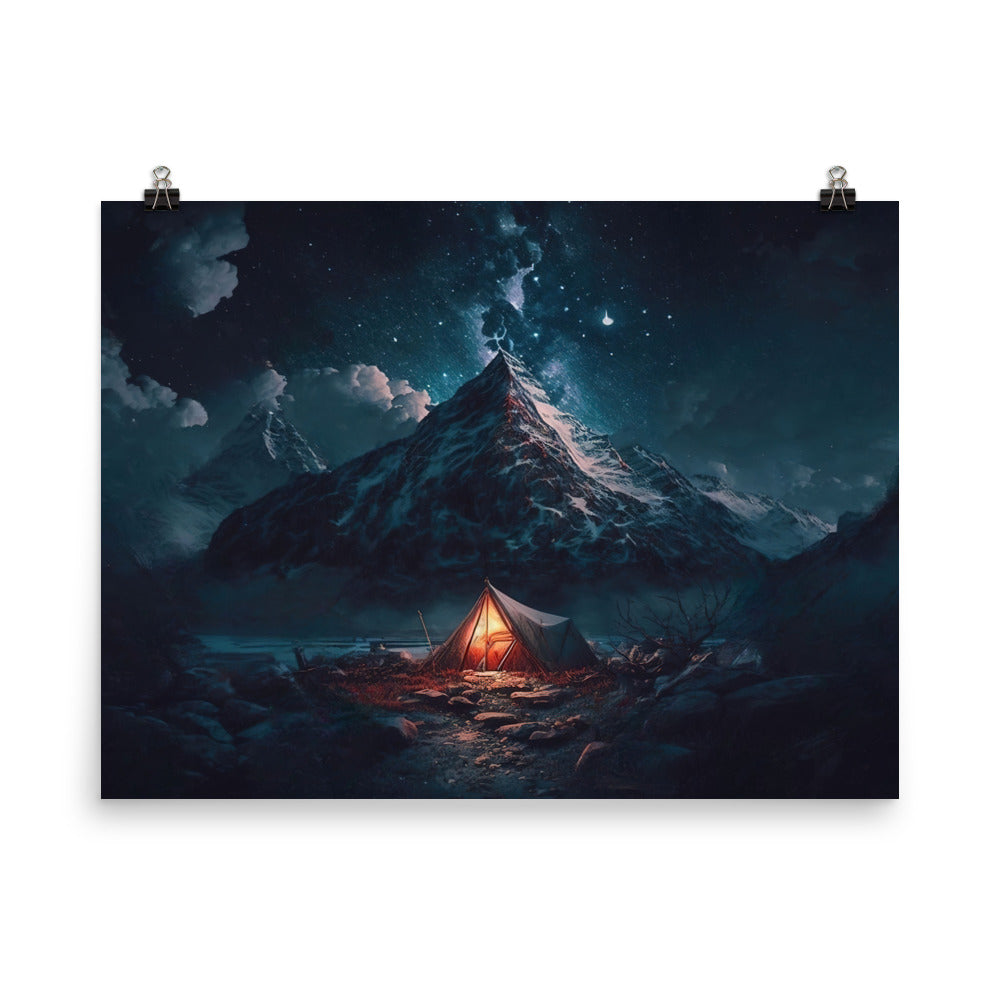 Zelt und Berg in der Nacht - Sterne am Himmel - Landschaftsmalerei - Premium Poster (glänzend) camping xxx 45.7 x 61 cm