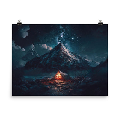 Zelt und Berg in der Nacht - Sterne am Himmel - Landschaftsmalerei - Premium Poster (glänzend) camping xxx 45.7 x 61 cm