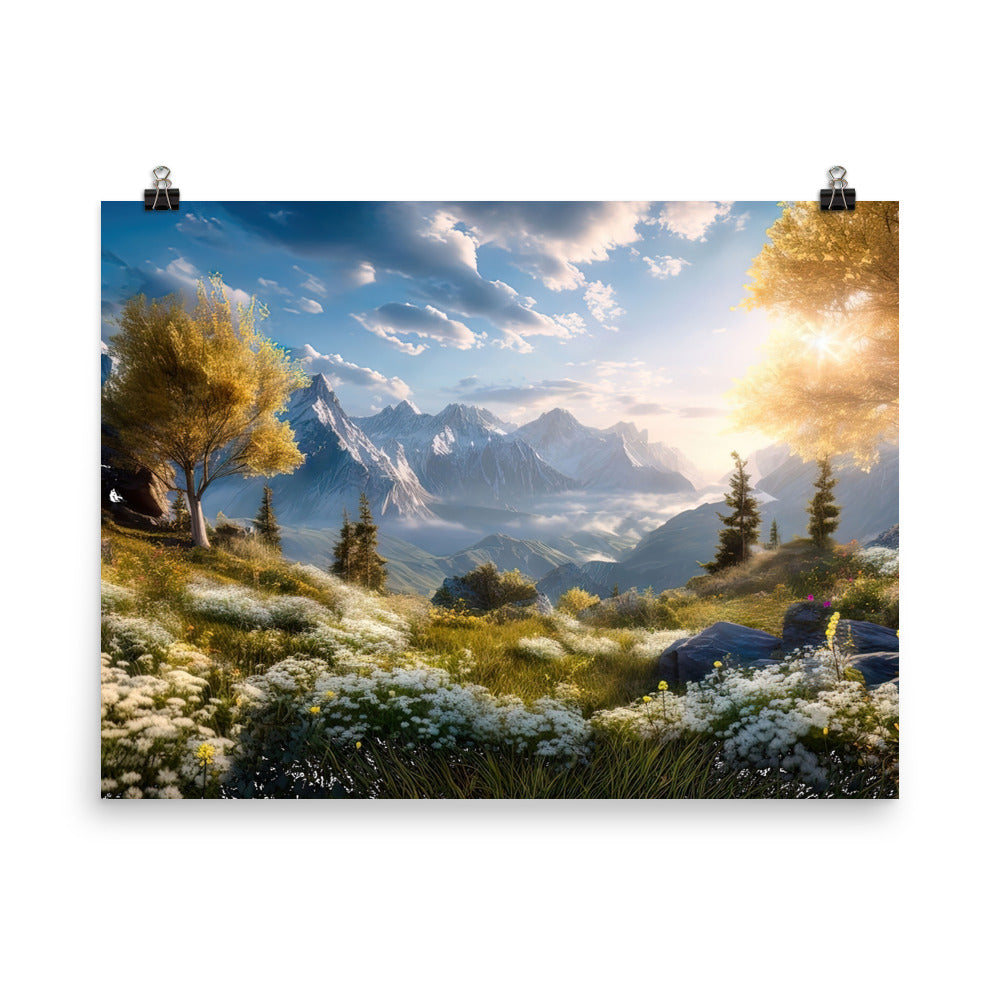 Berglandschaft mit Sonnenschein, Blumen und Bäumen - Malerei - Premium Poster (glänzend) berge xxx 45.7 x 61 cm