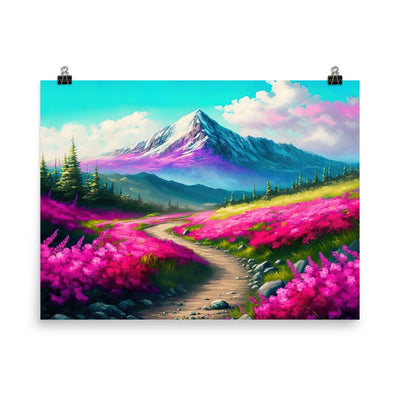 Berg, pinke Blumen und Wanderweg - Landschaftsmalerei - Premium Poster (glänzend) berge xxx 45.7 x 61 cm