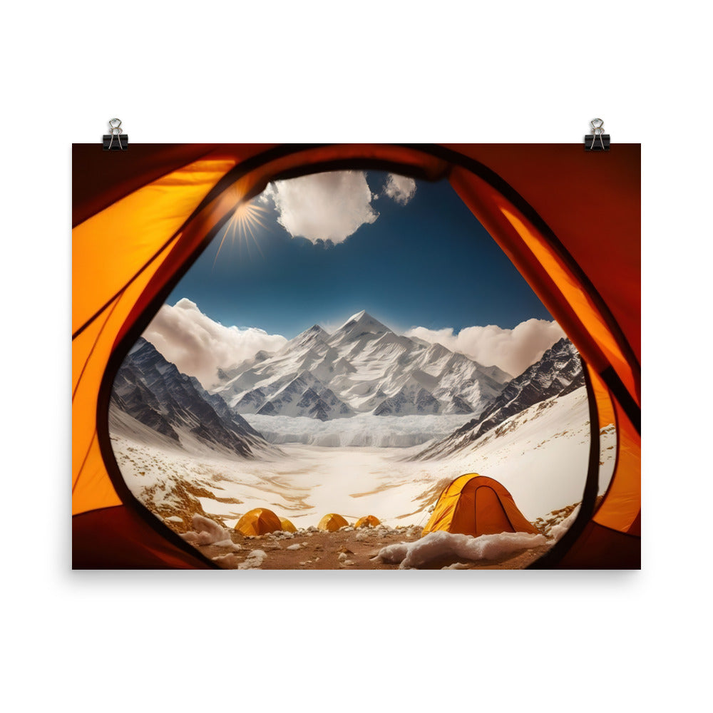 Foto aus dem Zelt - Berge und Zelte im Hintergrund - Tagesaufnahme - Premium Poster (glänzend) camping xxx 45.7 x 61 cm