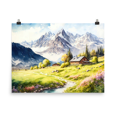 Epische Berge und Berghütte - Landschaftsmalerei - Premium Poster (glänzend) berge xxx 45.7 x 61 cm