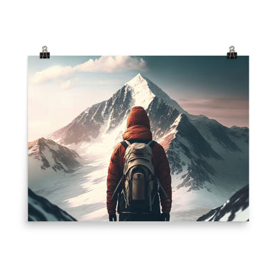 Wanderer von hinten vor einem Berg - Malerei - Premium Poster (glänzend) berge xxx 45.7 x 61 cm