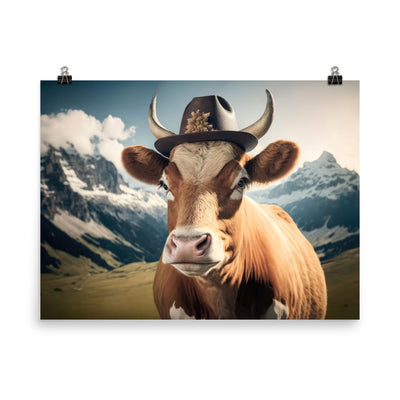 Kuh mit Hut in den Alpen - Berge im Hintergrund - Landschaftsmalerei - Premium Poster (glänzend) berge xxx 45.7 x 61 cm