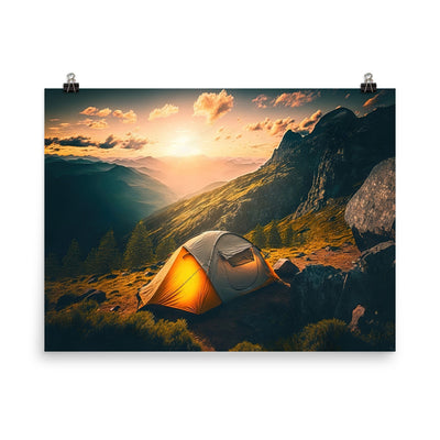 Zelt auf Berg im Sonnenaufgang - Landschafts - Premium Poster (glänzend) camping xxx 45.7 x 61 cm