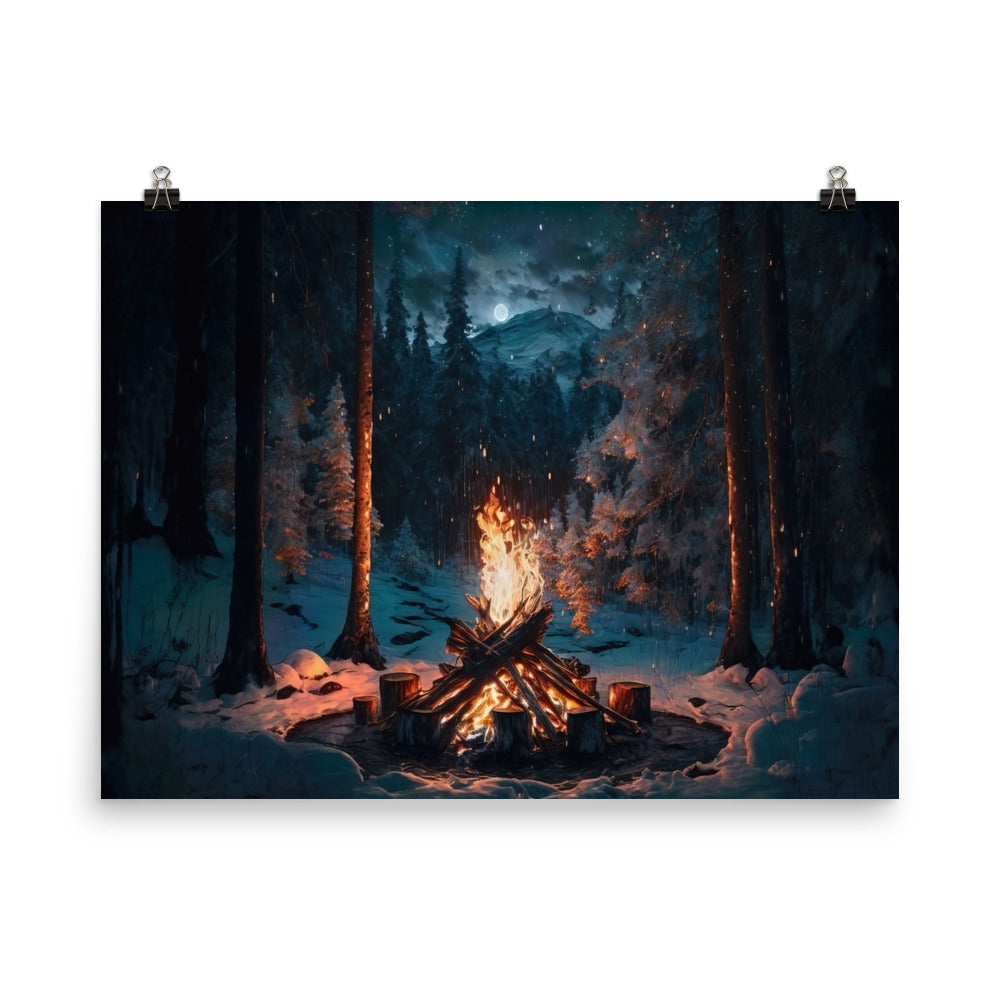 Lagerfeuer beim Camping - Wald mit Schneebedeckten Bäumen - Malerei - Premium Poster (glänzend) camping xxx 45.7 x 61 cm