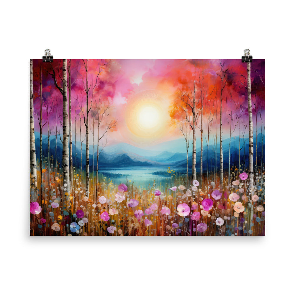 Berge, See, pinke Bäume und Blumen - Malerei - Premium Poster (glänzend) berge xxx 45.7 x 61 cm
