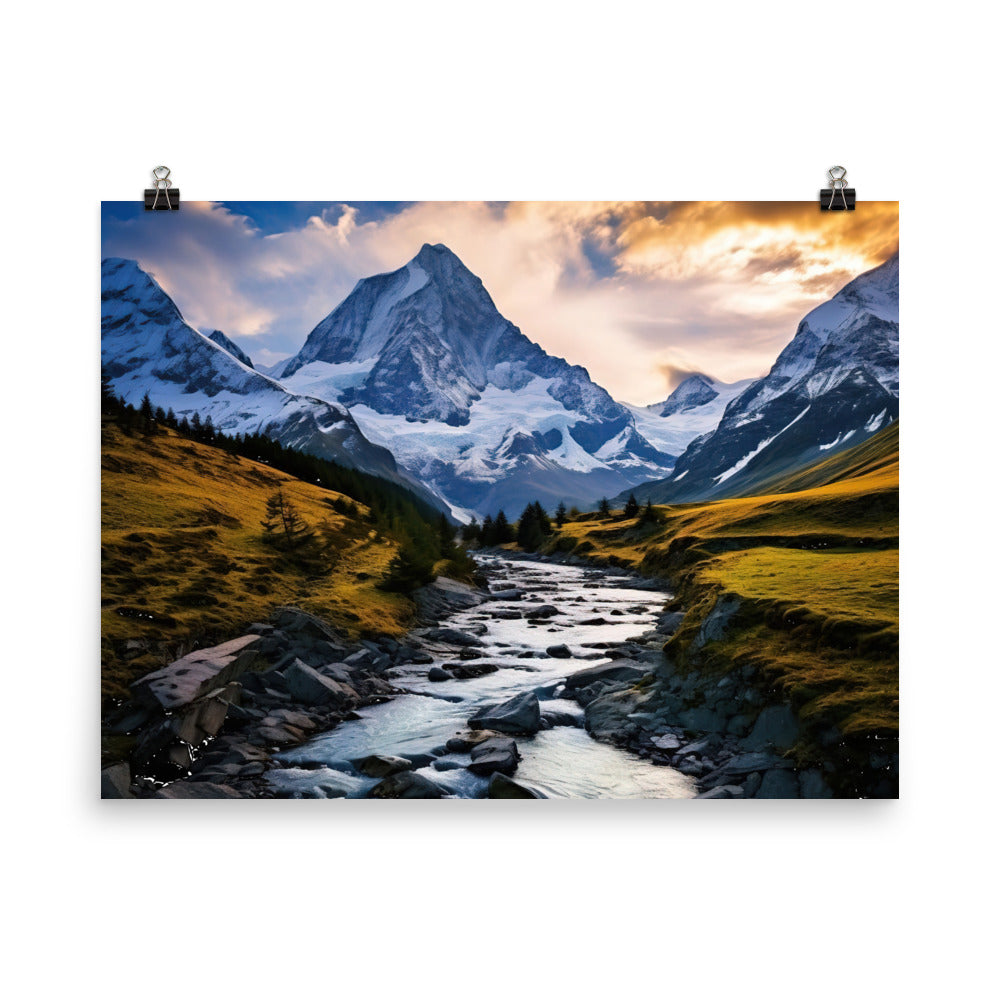 Berge und steiniger Bach - Epische Stimmung - Premium Poster (glänzend) berge xxx 45.7 x 61 cm