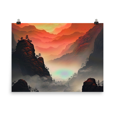 Gebirge, rote Farben und Nebel - Episches Kunstwerk - Premium Poster (glänzend) berge xxx 45.7 x 61 cm