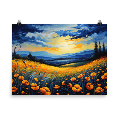 Berglandschaft mit schönen gelben Blumen - Landschaftsmalerei - Premium Poster (glänzend) berge xxx 45.7 x 61 cm