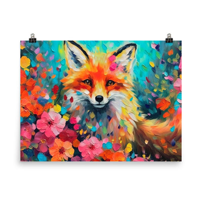 Schöner Fuchs im Blumenfeld - Farbige Malerei - Premium Poster (glänzend) camping xxx 45.7 x 61 cm