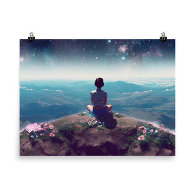 Frau sitzt auf Berg – Cosmos und Sterne im Hintergrund - Landschaftsmalerei - Premium Poster (glänzend) berge xxx 45.7 x 61 cm