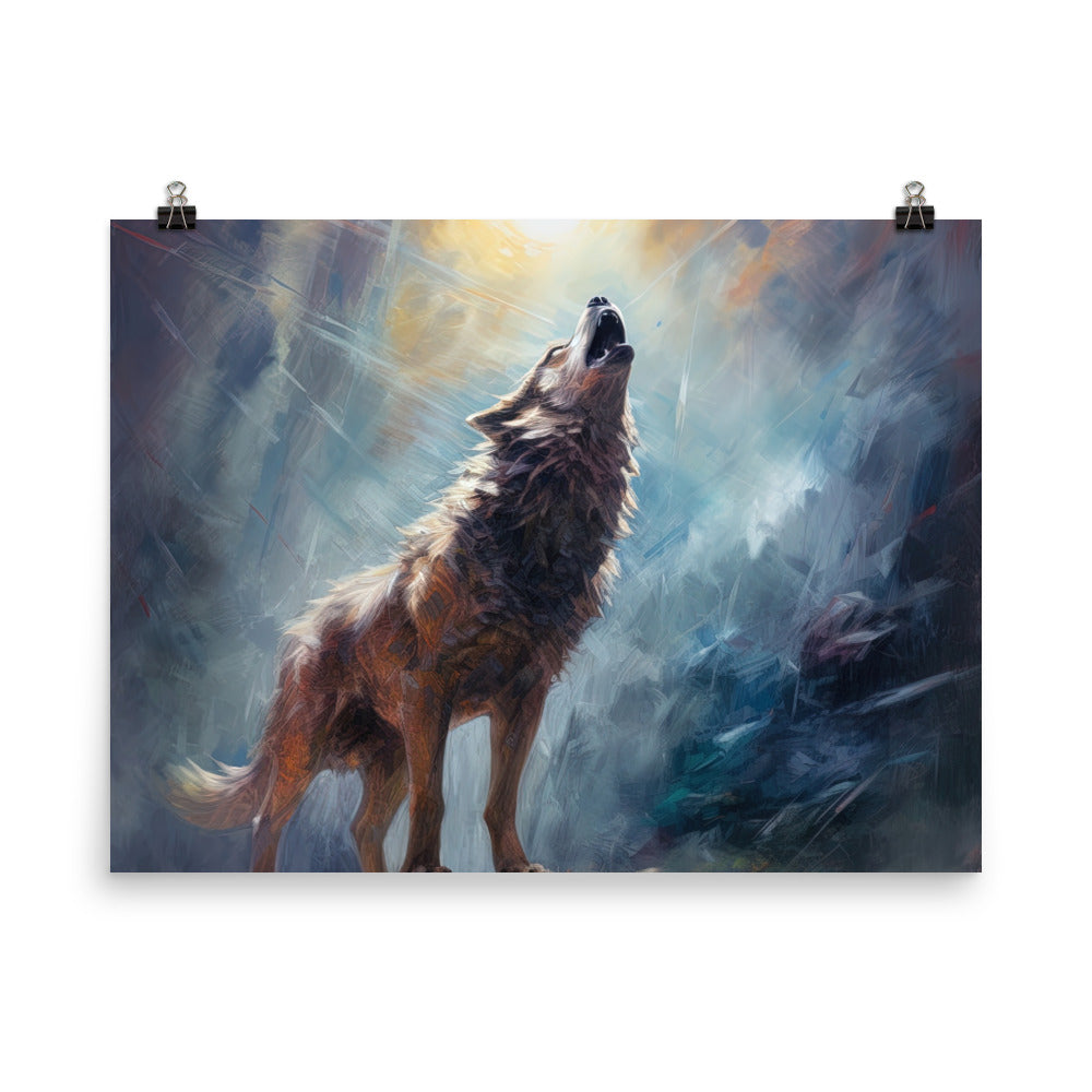 Heulender Wolf auf Berggipfel und Mond im Hintergrund – Abstrakte Malerei - Premium Poster (glänzend) camping xxx 45.7 x 61 cm