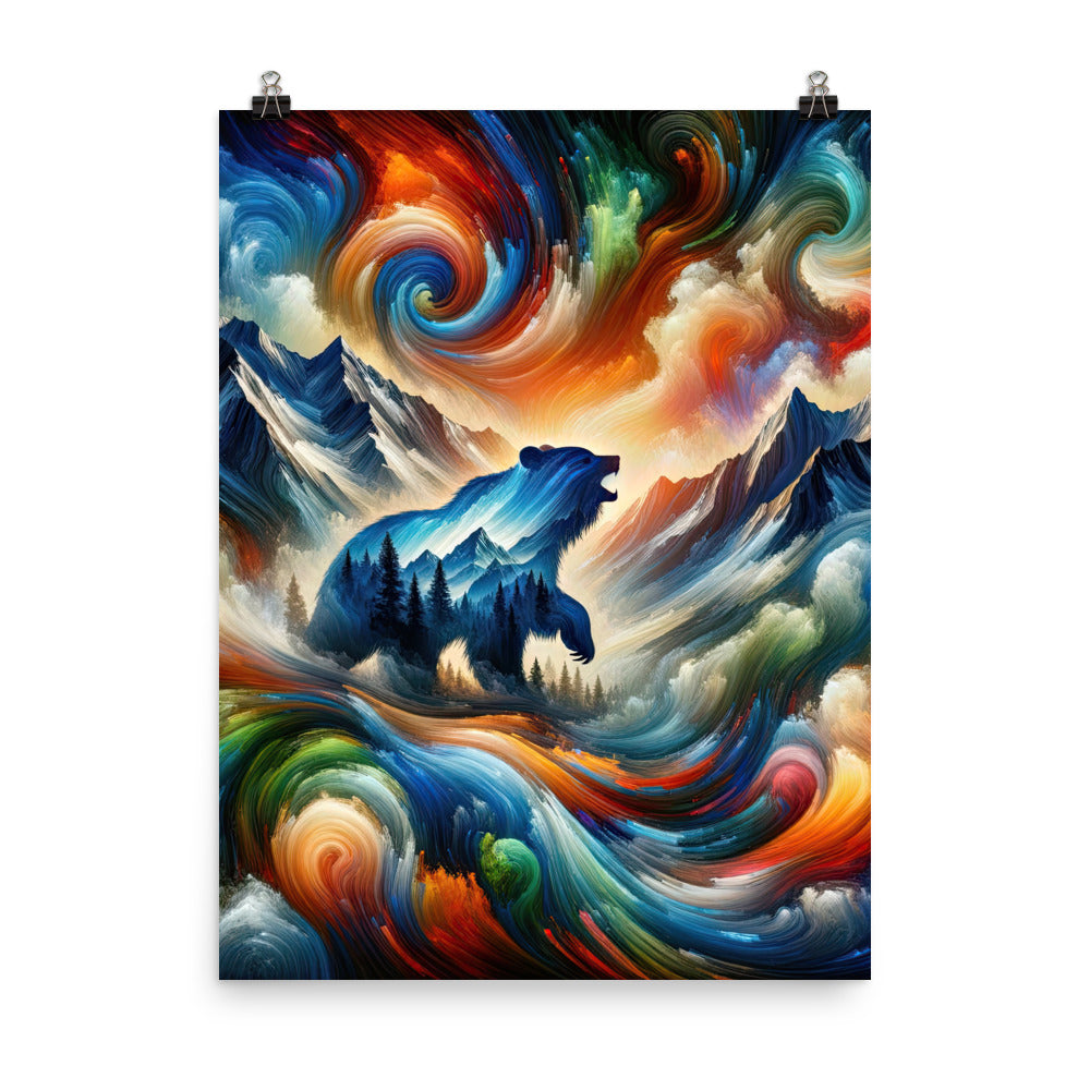 Lebendige Alpen und Bären Sillhouette über Berggipfel - Abstraktes Gemälde - Premium Poster (glänzend) camping xxx yyy zzz 45.7 x 61 cm